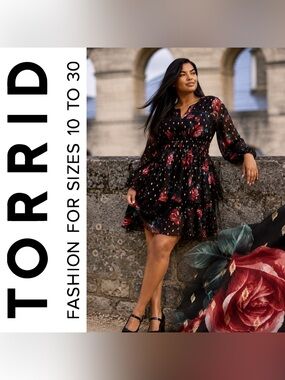 Torrid Black Chiffon Pink & Gold Roses Tiered Skirt Mini Dress, Large, NWOT!